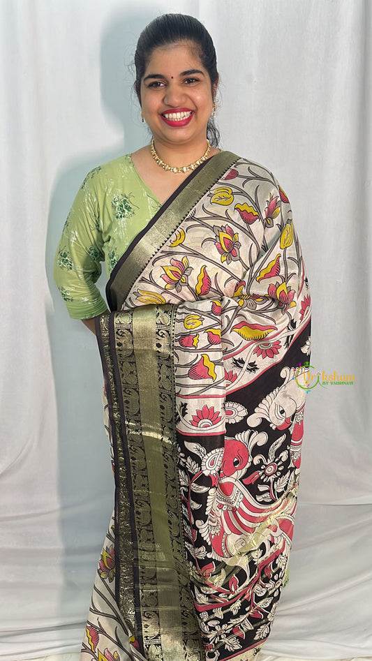 Half White Kalamkari Saree with Kanchi Border-VS4145