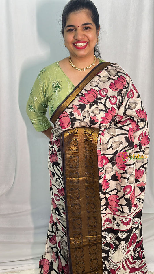 Black Kalamkari Saree with Kanchi Border-VS4143