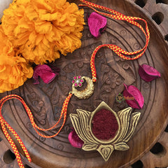 Vriksham Rakshabandhan Kundan Jadau Golden Half Moon With Flower Pendant Rakhi-Red White-G18960