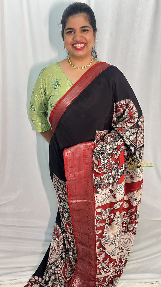 Black Red Kalamkari Saree with Kanchi Border-VS4148