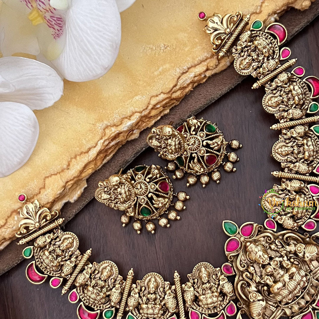 Vriksham Gold Look Alike Lakshmi Jadau Addigai-Red Green-Gold Bead-G17829