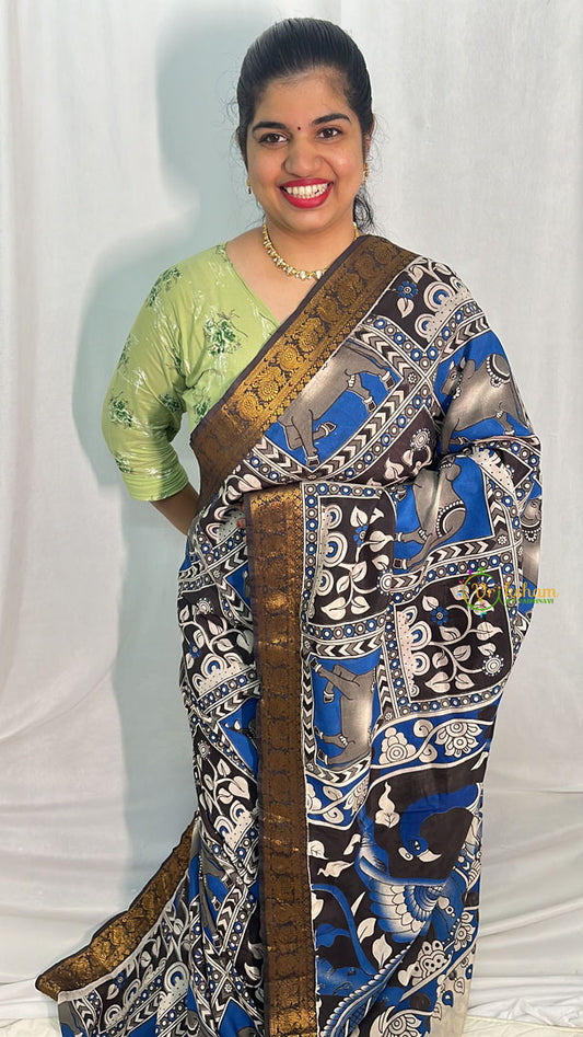 Blue Pichwai Kalamkari Saree with Kanchi Border-VS4146