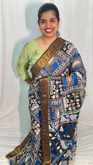 Blue Pichwai Kalamkari Saree with Kanchi Border-VS4146