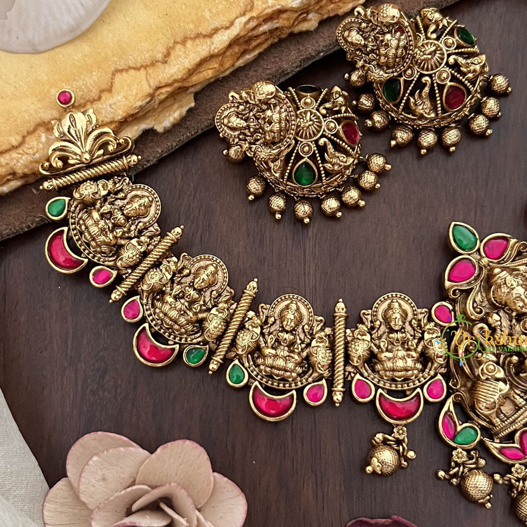 Vriksham Gold Look Alike Lakshmi Jadau Addigai-Red Green-Gold Bead-G17829