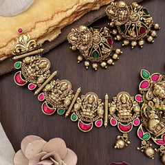 Vriksham Gold Look Alike Lakshmi Jadau Addigai-Red Green-Gold Bead-G17829