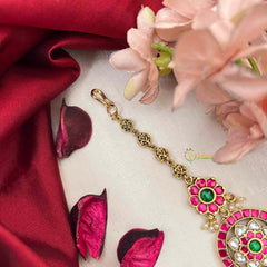 Vriksham Indian Bridal Floral Kundan Jadau Maang Tikka-Red Green & White-Green Bead-J4237