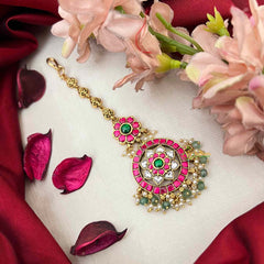 Vriksham Indian Bridal Floral Kundan Jadau Maang Tikka-Red Green & White-Green Bead-J4237