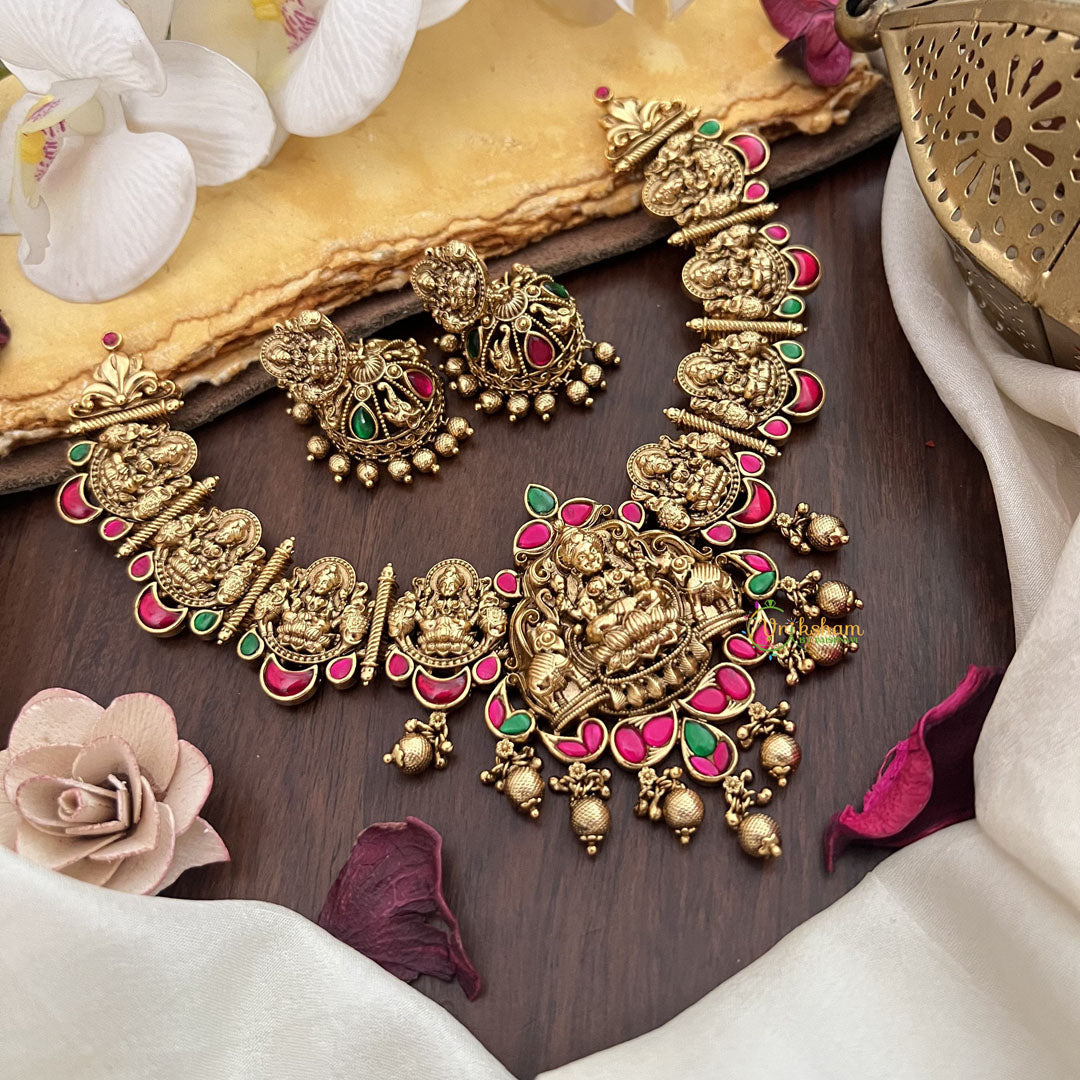 Vriksham Gold Look Alike Lakshmi Jadau Addigai-Red Green-Gold Bead-G17829