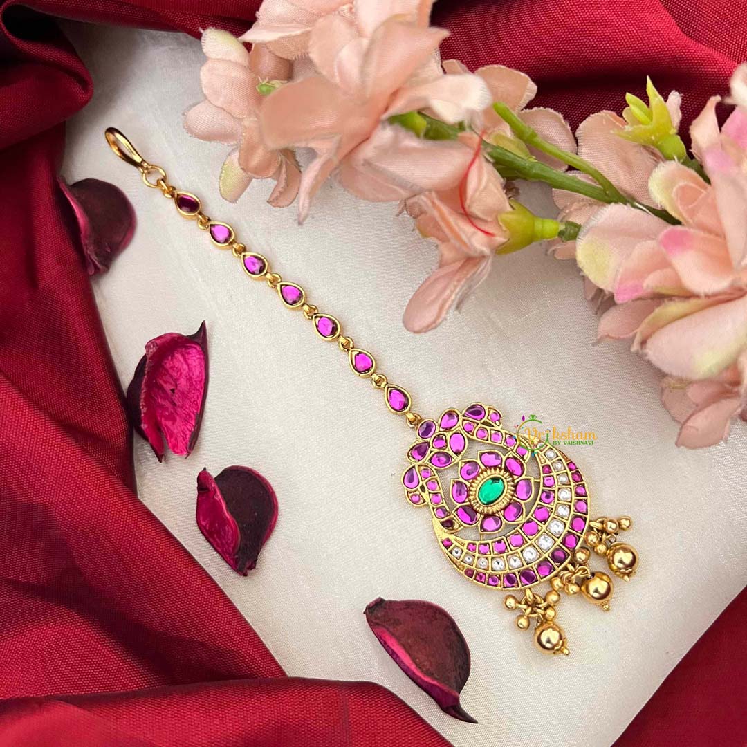 Vriksham Traditional Chand With Ruby Pink Stones & Gold Bead Drops Maang Tikka-G22044