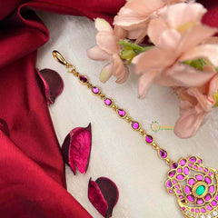 Vriksham Traditional Chand With Ruby Pink Stones & Gold Bead Drops Maang Tikka-G22044
