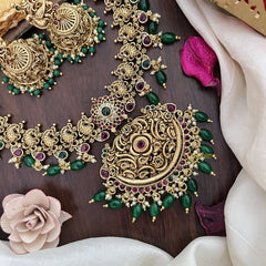 Vriksham Gold Look Alike Elegant Pendant Short Neckpiece-Peacock-Green Bead-G17857