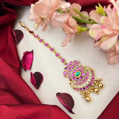 Vriksham Traditional Chand With Ruby Pink Stones & Gold Bead Drops Maang Tikka-G22044