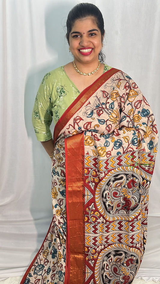 Beige Kalamkari Saree with Kanchi Border-VS4150