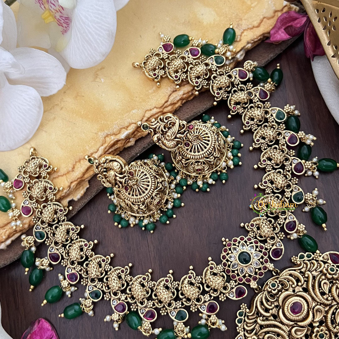 Vriksham Gold Look Alike Elegant Pendant Short Neckpiece-Peacock-Green Bead-G17857