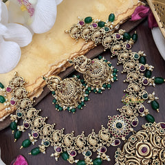 Vriksham Gold Look Alike Elegant Pendant Short Neckpiece-Peacock-Green Bead-G17857
