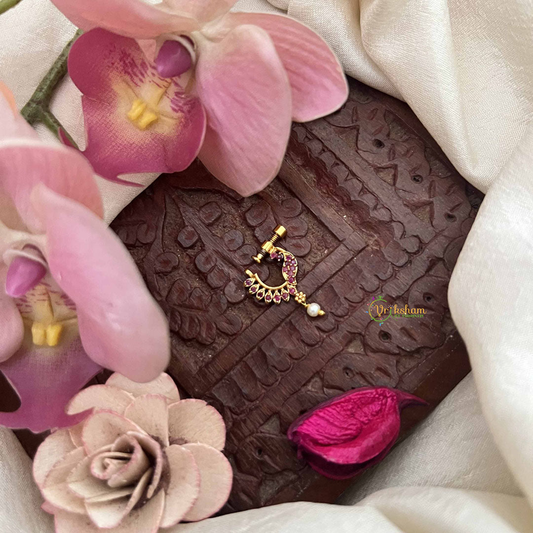 Vriksham Peacock Father Style Press Naths/Nose Pin-Red-Pearl Drop-G20716