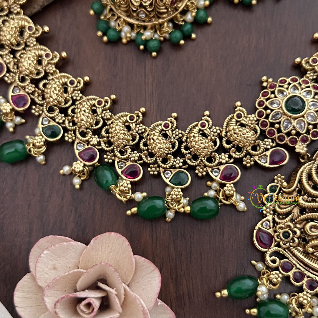 Vriksham Gold Look Alike Elegant Pendant Short Neckpiece-Peacock-Green Bead-G17857
