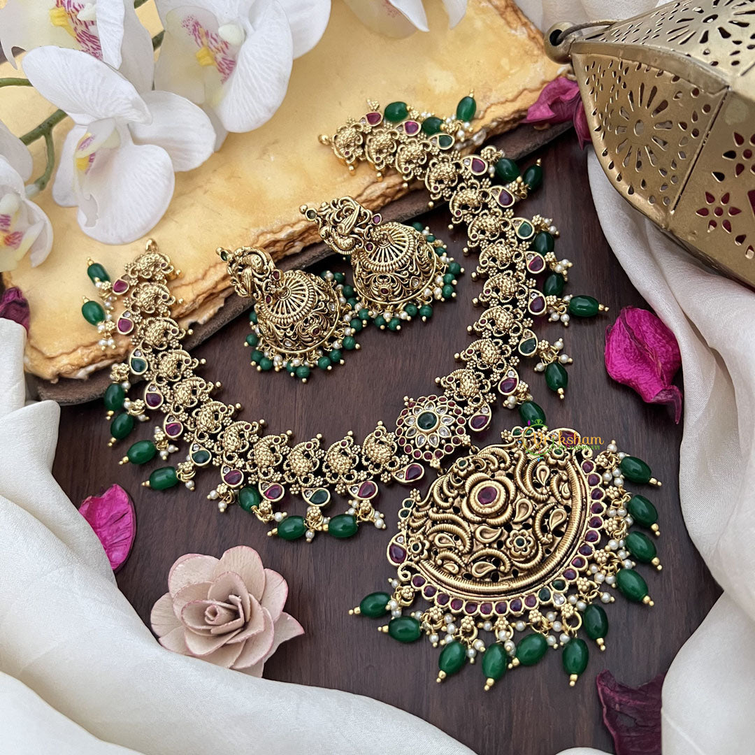 Vriksham Gold Look Alike Elegant Pendant Short Neckpiece-Peacock-Green Bead-G17857