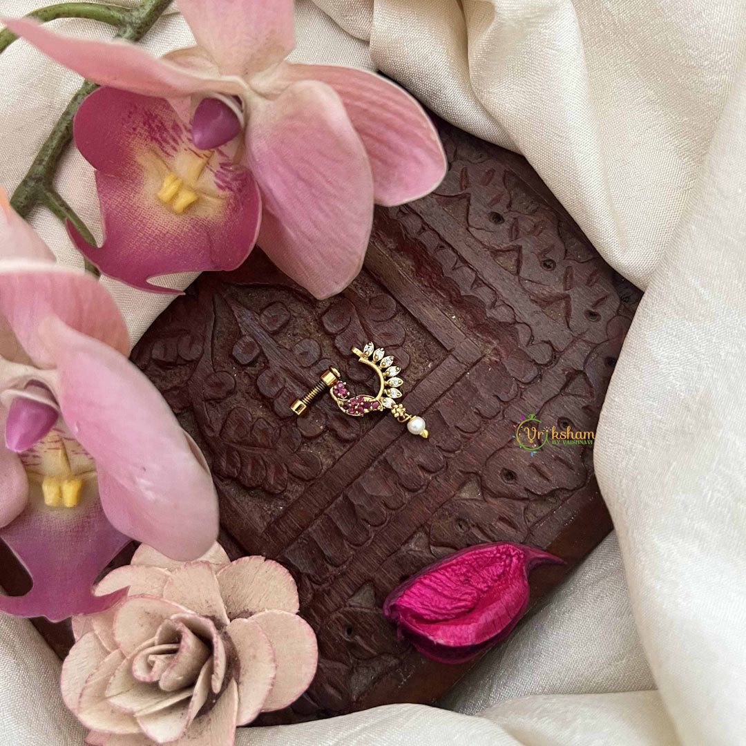 Vriksham Peacock Father Style Press Naths/Nose Pin-Red White-Pearl Drop-G20714