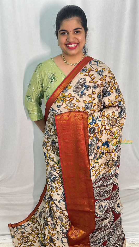 Beige Kalamkari Saree with Kanchi Border-VS4152