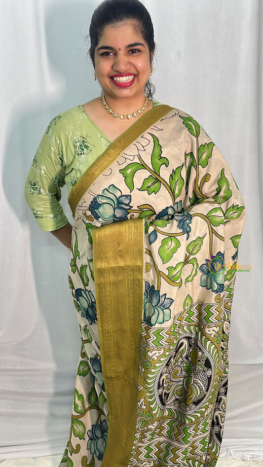 Beige Kalamkari Saree with Kanchi Border-VS4154