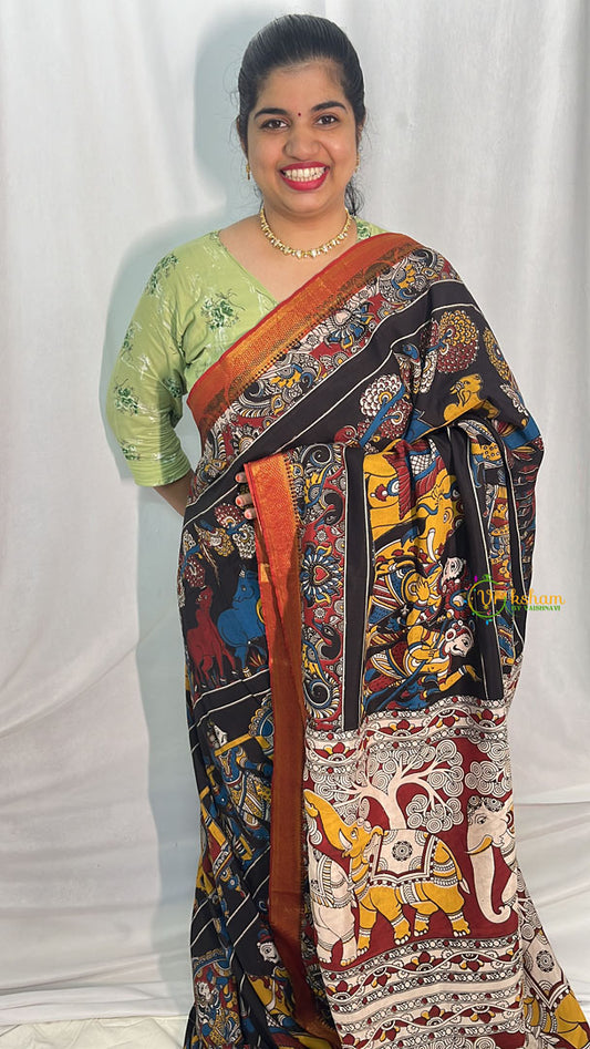 Black Kalamkari Saree with Nizam Border-VS4155