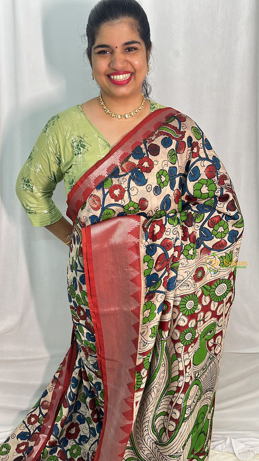 Beige Kalamkari Saree with Kanchi Border-VS4156