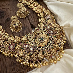 Intricate Antique Dual Peacock Lakshmi Haram-Golden Beads-Pearl-G12688