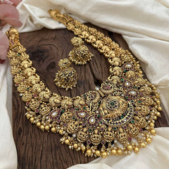 Intricate Antique Dual Peacock Lakshmi Haram-Golden Beads-Pearl-G12688