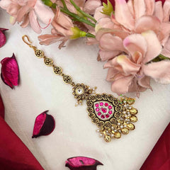 Vriksham Descriptive Gold Finish Pear Style Kundan Jadau Maang Tikka-Red Green-Gold Bead-J4236