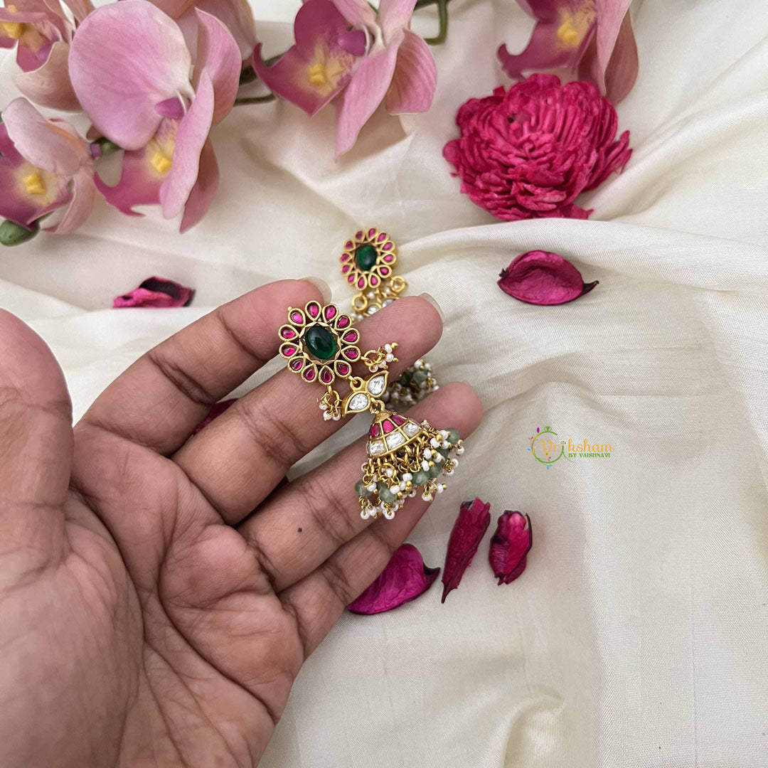 Vriksham Traditional Rajasthani Kundan Jadau Jhumkas-Red White & Green-Green Bead & Pearl-J3622