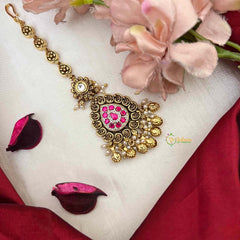 Vriksham Descriptive Gold Finish Pear Style Kundan Jadau Maang Tikka-Red Green-Gold Bead-J4236