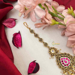 Vriksham Descriptive Gold Finish Pear Style Kundan Jadau Maang Tikka-Red Green-Gold Bead-J4236