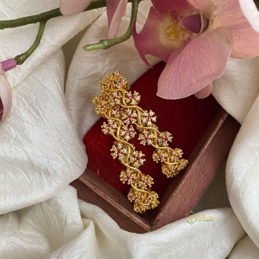 Premium Gold Look Alike AD Stone Bangle Set - White Red Twisted Floral Bangles - G11960