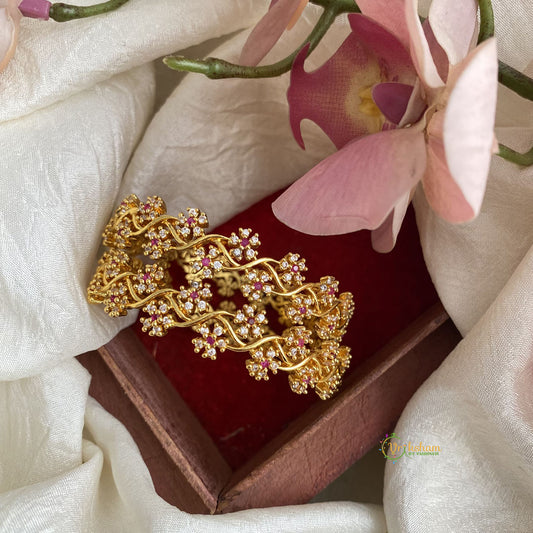 Premium Gold Look Alike AD Stone Bangle Set - White Red Twisted Floral Bangles - G11960