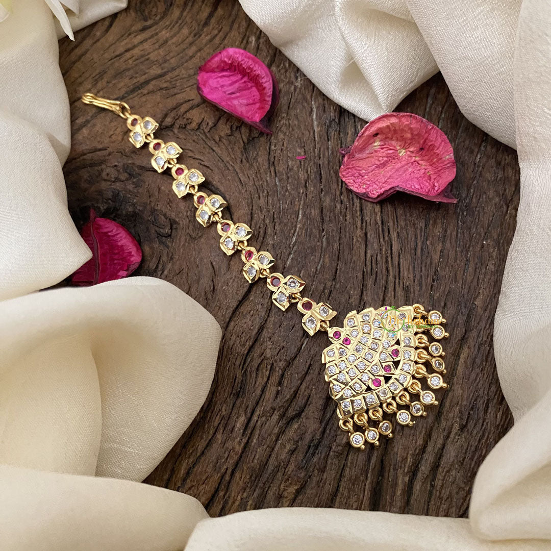 Vriksham Vintage AD Stone Maang Tikka-Red-Pearl-G17170