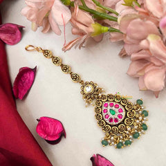 Vriksham Descriptive Gold Finish Pear Style Kundan Jadau Maang Tikka-Red Green-Green Bead-J4235