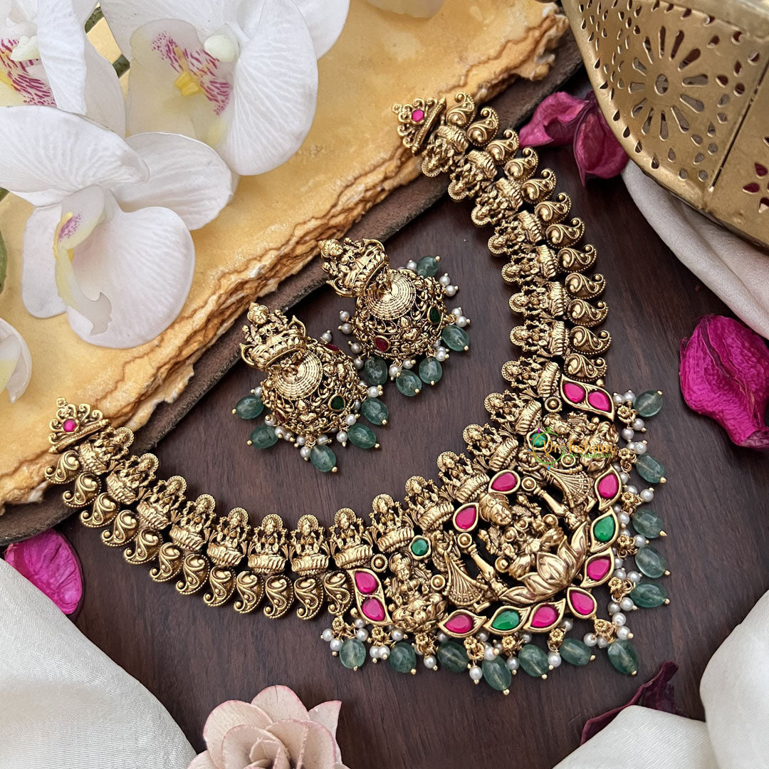 Vriksham Elegant Lakshmi Jadau Short Neckpiece-Pastel Green Bead-G17844