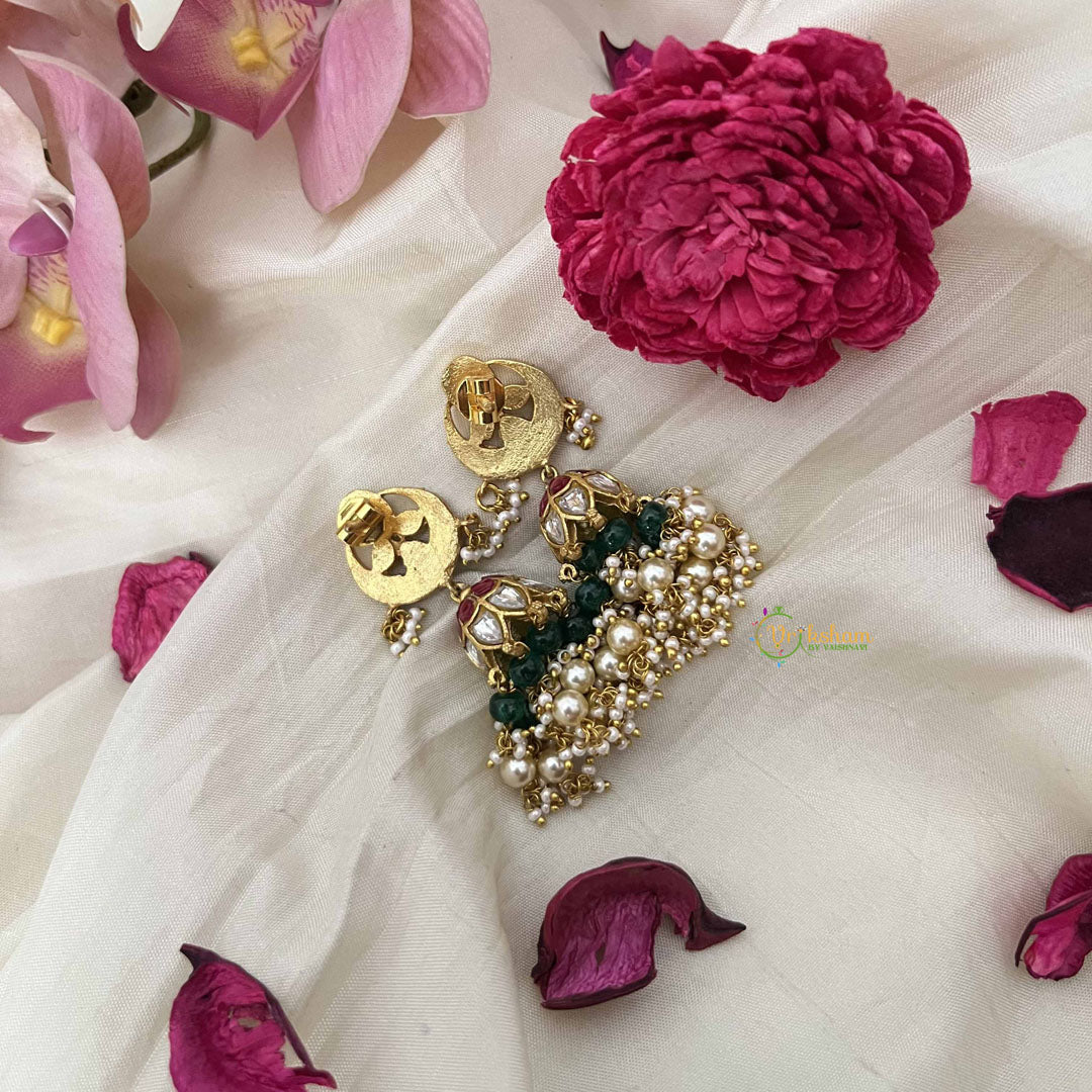 Vriksham Unique Floral Kundan Jadau Jhumkas-Red White & Green-Green Bead & Pearl-J3624