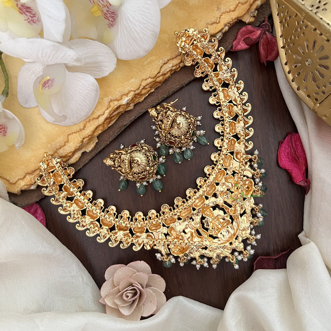 Vriksham Elegant Lakshmi Jadau Short Neckpiece-Pastel Green Bead-G17844