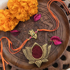 Vriksham Rakshabandhan Kundan Jadau Shree Ganesha Pendant Rakhi-Green Red-G18975