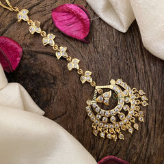 Vriksham Gold Look Alike AD Stone Half Moon Style Maang Tikka-White-G17153