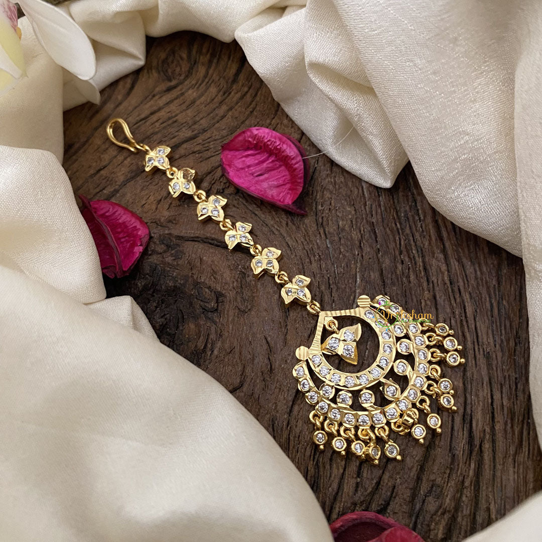Vriksham Gold Look Alike AD Stone Half Moon Style Maang Tikka-White-G17153