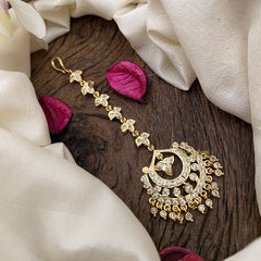Vriksham Gold Look Alike AD Stone Half Moon Style Maang Tikka-White-G17153