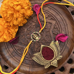 Kundan Stone Lakshmi Pendant Rakshabandhan Rakhi-Red Green-G13002