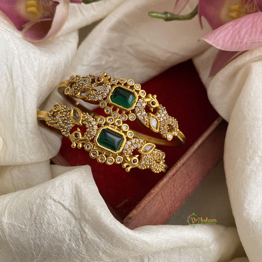 Gold Look Alike  AD Stone Bangle Set -White Green Red -Centre Peacock Bangle - G11937