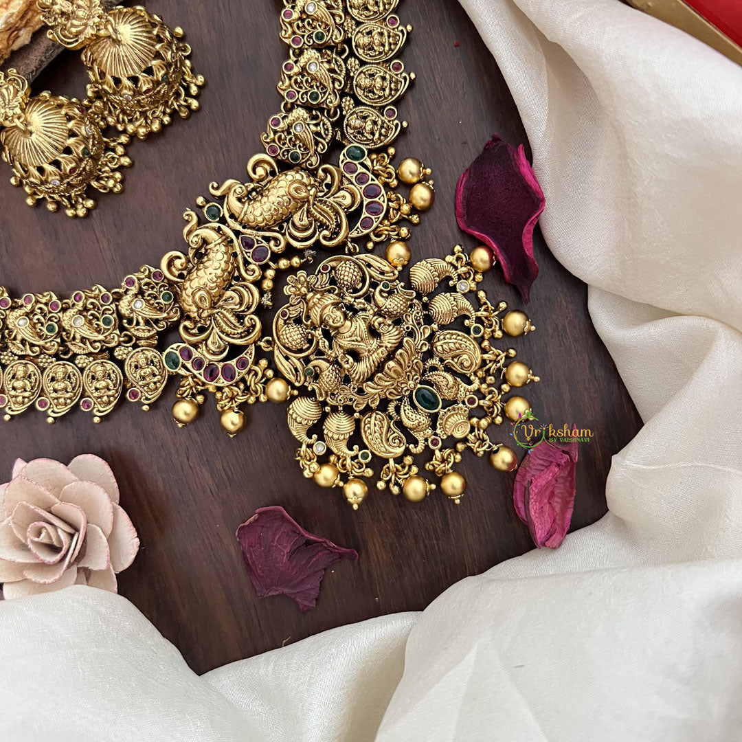 Vriksham Dual Peacock With Lakshmi Pendant Short Neckpiece-Gold Bead-G17855