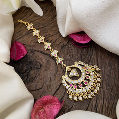 Vriksham Gold Look Alike AD Stone Half Moon Style Maang Tikka-Red Green-G17152