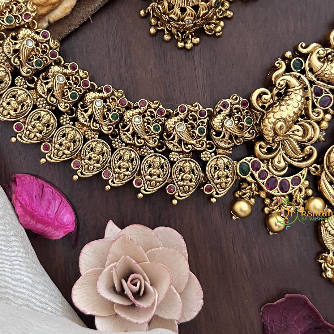 Vriksham Dual Peacock With Lakshmi Pendant Short Neckpiece-Gold Bead-G17855