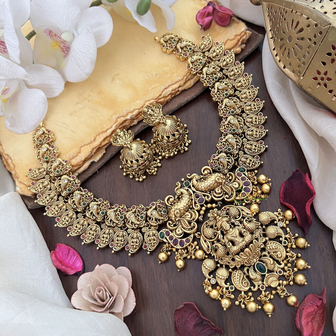 Vriksham Dual Peacock With Lakshmi Pendant Short Neckpiece-Gold Bead-G17855